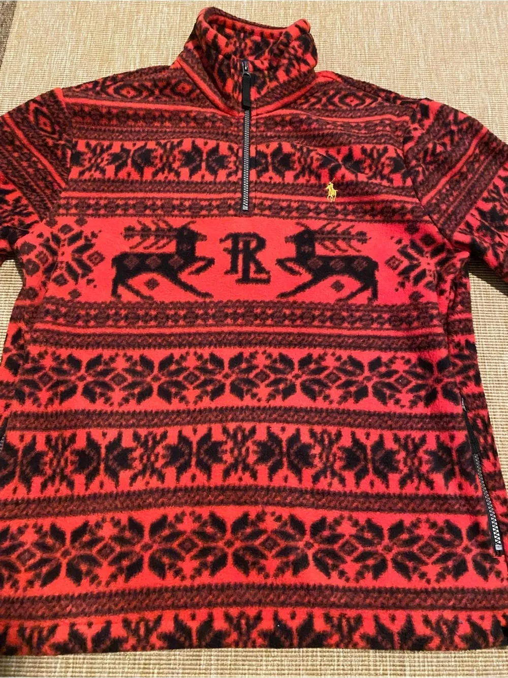 Polo Ralph Lauren Red Fair Isle Half-Zip Fleece Sweater Reindeer Holiday